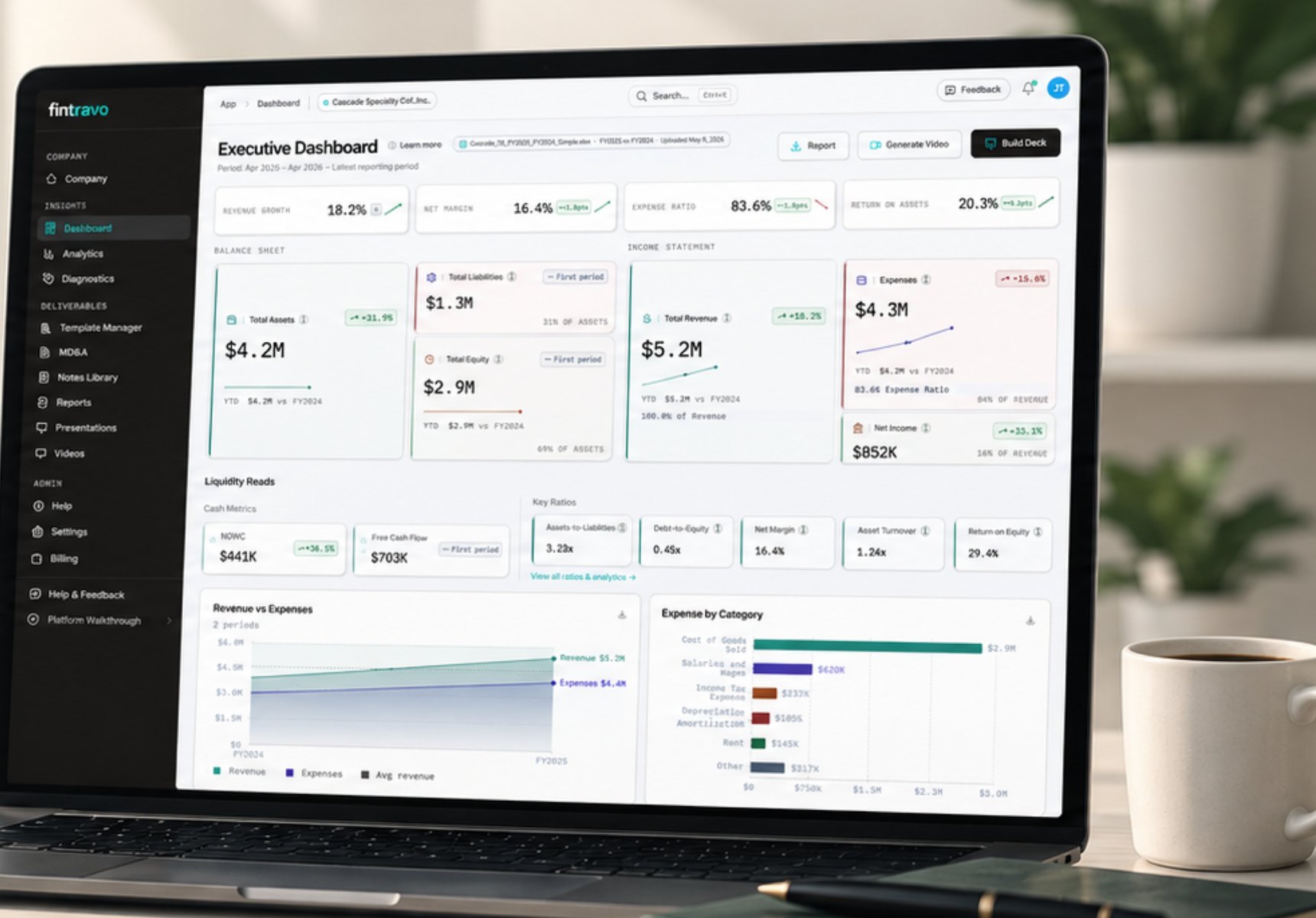 Fintravo Executive Dashboard running on a laptop on a warm wooden desk